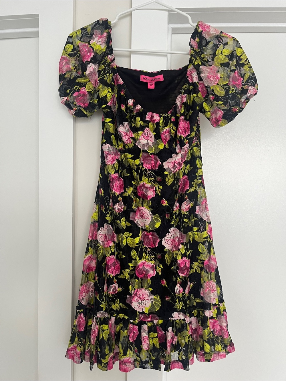 Betsey Johnson Black Floral Puff-Sleeve Mini Dress with Pink Roses